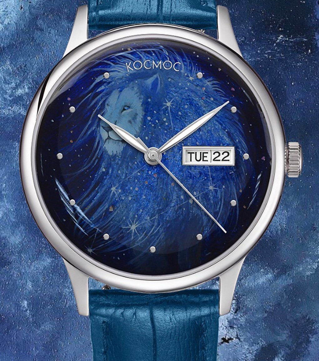 Cosmos watch model from the Unique Watch series. The dial depicts the king of animals with a luxurious mane, into which the zodiac constellation Leo is woven. 